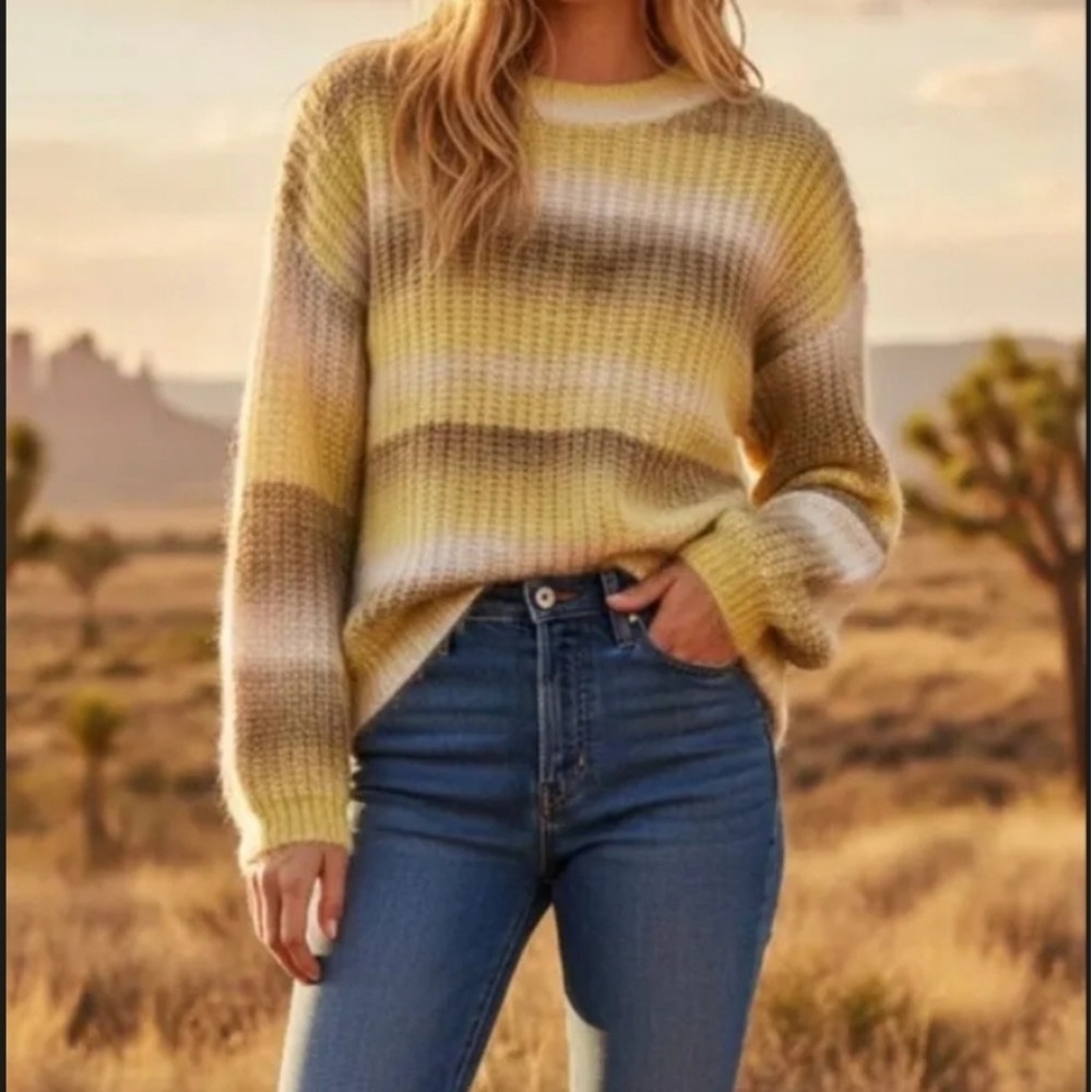 Purple Lava Womens Yellow Green Ombre Striped Knit Crewneck Sweater PL1087 New